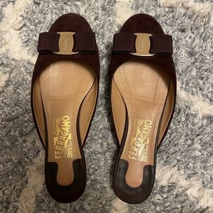 Salvatore Ferragamo Emile Vara Bow Suede Mules in Bordeaux